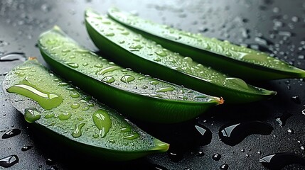 Wall Mural -   A group of green peas resting atop a wet, black table surface