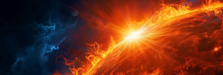 Poster - Glowing solar flare with intense heat and magnetic storms in the deep cosmos. Showcasing the sun's powerful energy and space phenomena