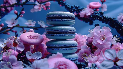 Poster -   A stack of macaroons resting atop a mound of pink blossoms beside a waterbody