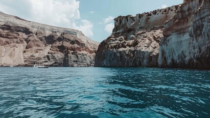 Wall Mural - View of Santorini cliff from the sea, photo