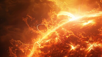Poster - Fiery solar explosion with dynamic flares and magnetic storms on the sun's surface. Illustrating the sun's powerful energy and cosmic phenomena