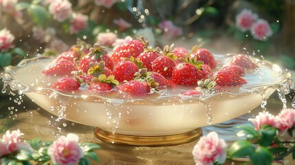 Poster -   Close-up of strawberries in a bowl, water splashing