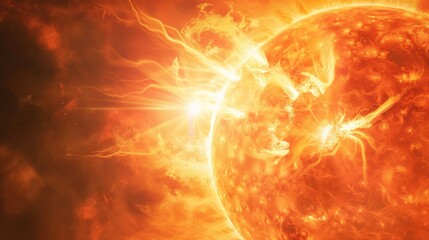 Poster - Dramatic explosion on the sun's surface with intense solar flares. Showcasing the power of the sun's magnetic storms and their potential effects on Earth.