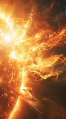 Poster - Powerful explosion on the sun\'92s surface showcasing vibrant solar flares and magnetic storms. Demonstrates the sun\'92s intense energy and its effects on space weather and geomagnetic conditions.