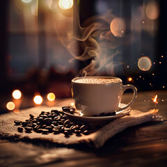 A steaming cup of coffee with fresh beans on the table