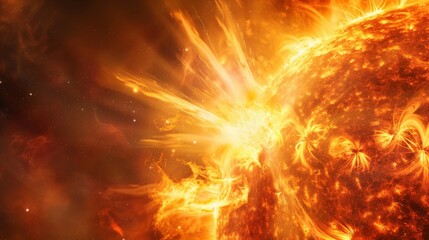 Poster - Close-up of a sunspot region with a solar flare erupting, demonstrating intense magnetic storms. Perfect for illustrating the sun's dynamic processes and their impact on space weather.