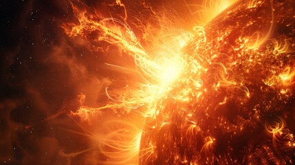 Poster - Explosive solar flare with intense energy burst from the sun's surface. Depicting the power of solar storms and their influence on space weather. Ideal for scientific studies and educational purposes