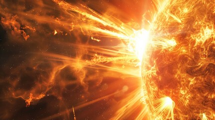 Poster - Dramatic solar flare burst on the sun's surface, showcasing intense magnetic storms. Depicting the powerful effects of solar activity on space weather.