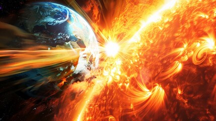 Poster - Intense solar flare hitting Earth from the sun, showcasing the effects of solar magnetic storms. A striking image of space weather impacting our planet. 