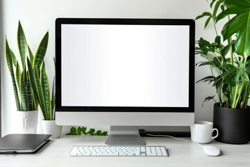 Poster - Mockup of a blank computer screen on a modern office desk with plants