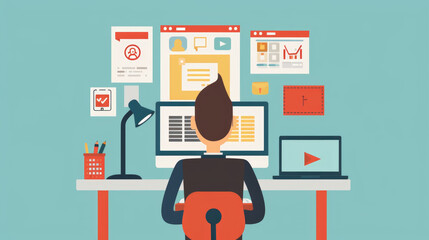 Poster - A man sits at a desk in front of a computer with multiple browser tabs open. He is working on his computer in a home office setting