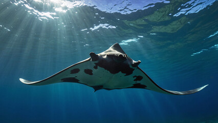 Wall Mural - Manta Ray Swimming Hunting For Food In Its Natural Habitat Underwater Photography Style 300 PPI High Resolution Image