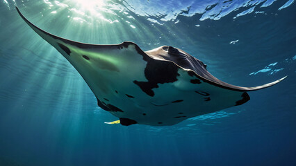 Wall Mural - Manta Ray Swimming Hunting For Food In Its Natural Habitat Underwater Photography Style 300 PPI High Resolution Image