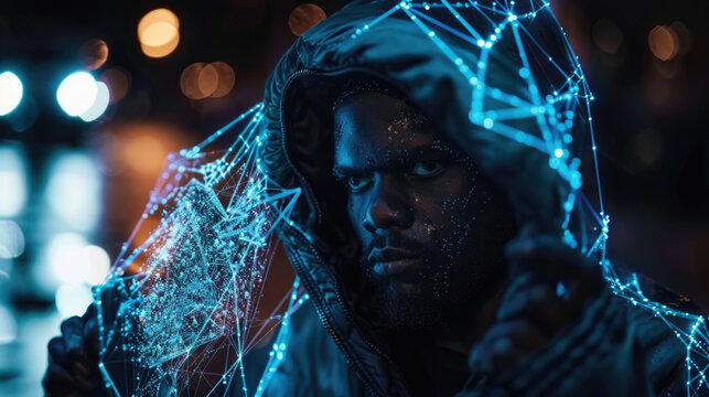 A man wearing a hooded jacket stands in a dark alley with blue neon lights behind him. He is looking intently at the camera