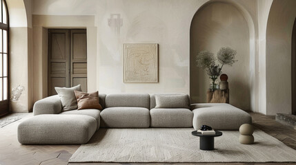 A light and airy living room with a modern sectional sofa, a large abstract painting, and a vase of dried flowers. The sofa is upholstered in a light gray fabric and is arranged in an L-shape