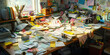 © Lila Patel - Organized Chaos: A messy desk covered in papers, notes, and various knickknacks, reflecting an artist's creative process.