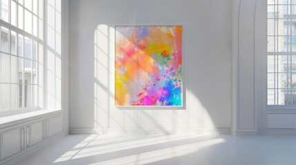 Wall Mural - in art of Sunlight streams through a high window illuminating a colorful abstract painting hanging on a pristine white wall 