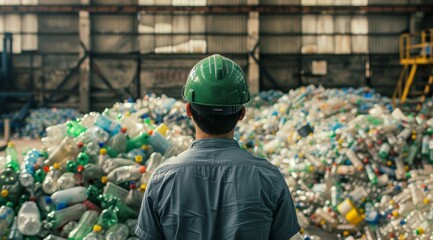 Wall Mural - A man in a green helmet stands in front of a pile of plastic bottles, plastic recycling concept