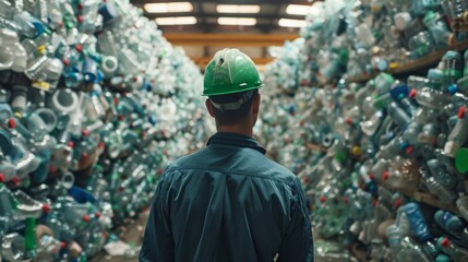 Wall Mural - A man wearing a green helmet stands in front of a pile of plastic bottles, plastic recycling concept