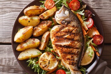 Canvas Print - Close up horizontal view of grilled Tilapia fillet with potato wedges and fresh salad on a plate