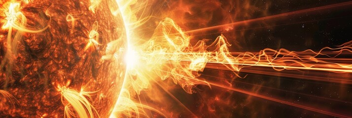 Poster - Powerful solar flare and plasma burst from the sun's surface. Dynamic depiction of solar activity and its influence on Earth's geomagnetic conditions