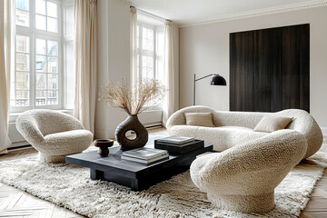Two accent armchairs and sofa. Minimalist interior design of modern living room.