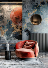 Wall Mural - Red velvet barrel chair against venetian stucco wall. Minimalist interior design of modern living room.