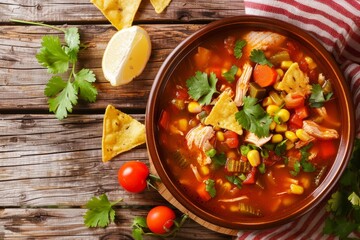 Wall Mural - Close up top view of fresh tortilla soup with chicken and veggies on table