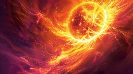 Poster - Fiery eruption on the sun's surface with intense solar flares and magnetic storms. A stunning depiction of solar energy and cosmic phenomena