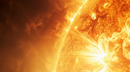Poster - Dynamic solar flare with intense magnetic storms and plasma activity on the sun. Illustrating the sun's energetic outbursts and cosmic phenomena