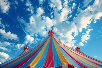 Wall Mural - Colorful circus tent under blue sky with red and white stripes Photo Illustration