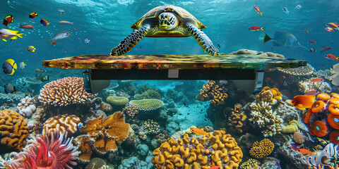 Wall Mural - Coral Reef Inspiration Zone: A desk floating above a vibrant coral reef teeming with tropical fish and sea turtles. 