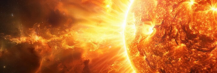 Poster - Intense magnetic storm on the sun with vibrant solar flares. Highlighting the sun's dynamic activity and its potential effects on geomagnetic conditions on Earth. 