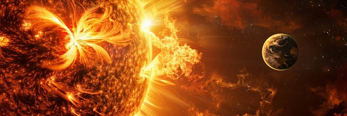 Poster - Close-up of the sun with a dramatic solar flare, showcasing intense magnetic storms. Highlighting the dynamic nature of the sun and its effects on space weather. 