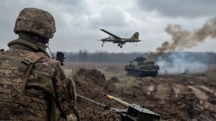 A soldier is watching a drone and a tank in a muddy field