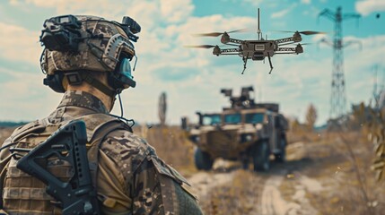 Sticker - A soldier is watching a drone fly over a military vehicle