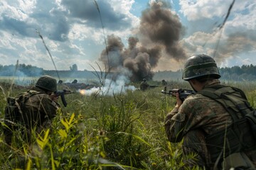 Sticker - Two soldiers are in a field with a lot of smoke and fire