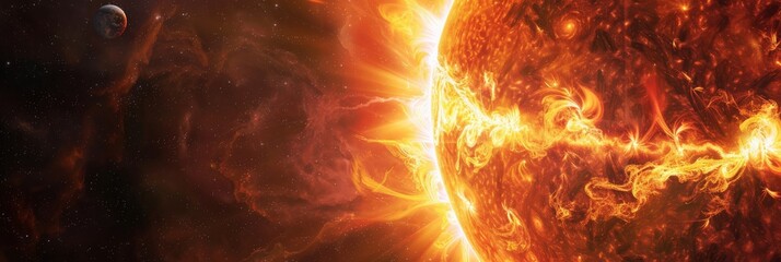 Poster - Solar eruption with intense flares and magnetic storms, illustrating the sun's dynamic activity. Depicting the effects of solar activity on space weather. 