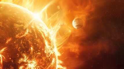 Poster - Fiery solar flare from the sun's surface with multiple magnetic storms, showcasing intense solar activity. A striking visual of space weather phenomena.