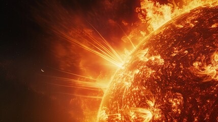Poster - Explosive solar flare eruption on the sun's surface captured in vivid detail. High-energy solar activity and magnetic storm visualization, impacting space weather