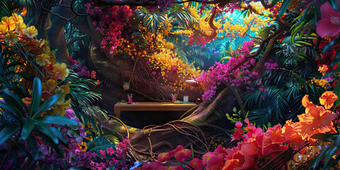 Wall Mural - Neon Jungle Creative Den: A desk hidden among the branches of a banyan tree, surrounded by vibrant flowers and colorful foliage.