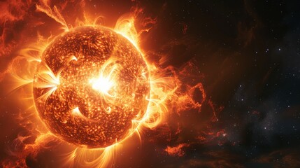 Poster - Dynamic solar flare with powerful bursts of energy from the sun. Representation of solar storms and their effects on space weather and magnetic fields