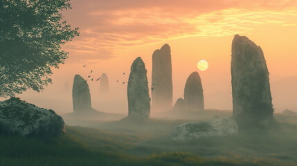 Wall Mural - ancient stone, megaliths, dolmens, obelisks, menhirs  In a mystical atmosphere Among the misty sunrises _017
