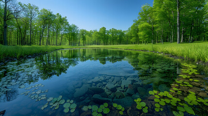 Wall Mural - A serene nature vernal pool with clear water and vibrant green vegetation surrounding it, the sky clear and blue above