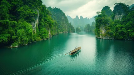 Wall Mural - A serene image depicting a lone boat floating on a calm lake with towering, lush green mountains and misty skies