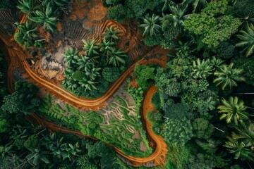 Deforestation seen from above Rainforest cleared for palm oil and rubber