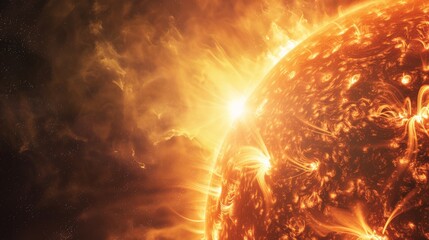 Poster - Dramatic solar flare eruption with fiery energy bursts from the sun's surface. Visualizing the intense activity and its influence on space weather