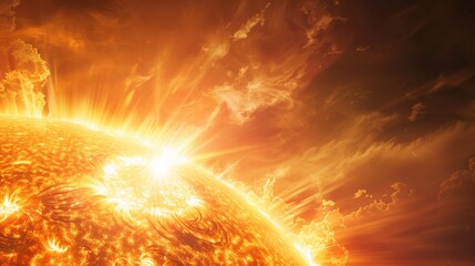 Poster - Dynamic solar flare with powerful bursts of energy from the sun. Representation of solar storms and their effects on space weather and magnetic fields
