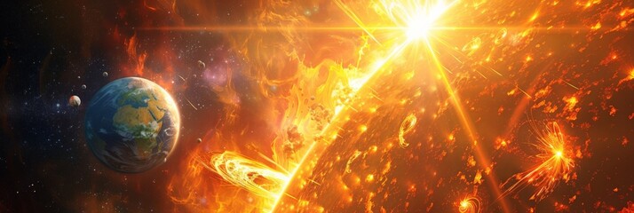 Poster - Stunning image of a solar flare bursting from the sun, surrounded by cosmic clouds. Illustrating high-energy solar phenomena and their effects on space weather