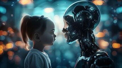 Wall Mural - A girl and a robot are standing next to each other
